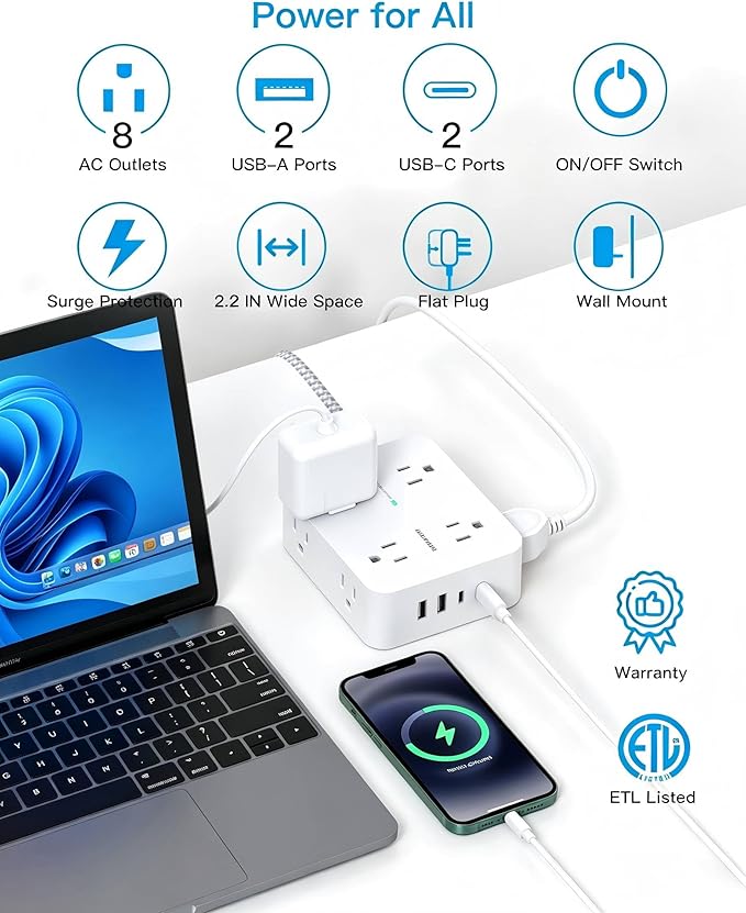 HANYCONY 10 Ft Braided Extension Cord with Ultra-Thin Flat Plug, 8 Widely Spaced Outlets & 4 USB Ports (2 USB C), 1080J Surge Protector Power Strip for Home Office, Dorm Room Essentials, Wall Mount