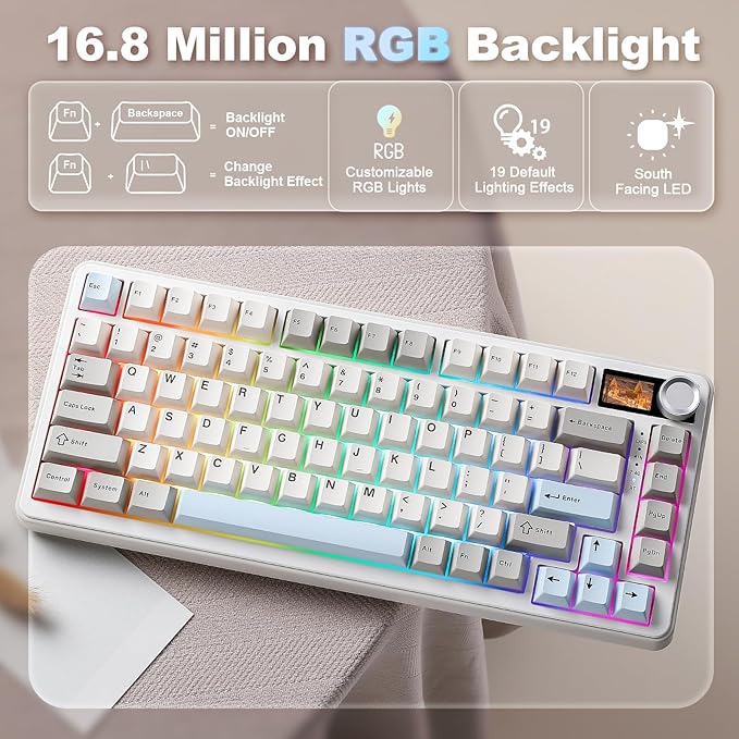 YUNZII B75 PRO MAX QMK/VIA Wireless Mechanical Keyboard,75% Layout with Screen and Knob,Custom Hot Swap Gasket,Creamy Pre-lubed Switches,Bluetooth/Type-C/2.4G for Win/Mac (Beige,Cocoa Cream V2 Switch)