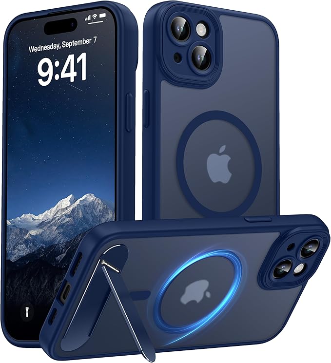 Magnetic Compatible with iPhone 15 Plus Case, [Built-in Kickstand][Full Camera Protection][Compatible with MagSafe][Anti-Fingerprint] Shockproof Phone Case for iPhone 15 Plus 6.7",Blue