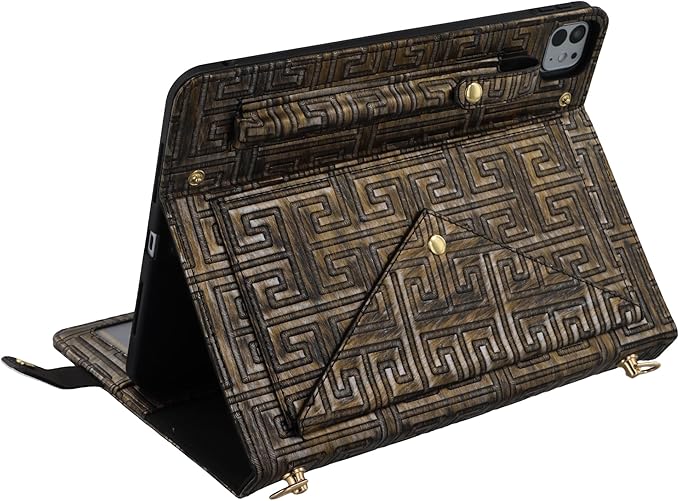 Handbag Case for iPad Pro 11" 2025 M5/2024 M4 - Techcircle Vintage Pattern Crossbody PU Leather Folio Envelope Pocket Stand Cover w/Hand Strap+Shoulder Strap+Pencil Holder+Card Slots, Retro Bronze