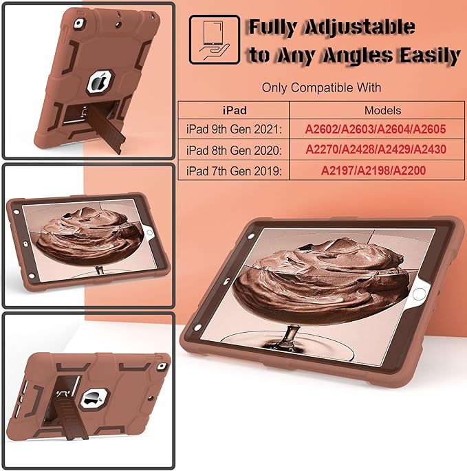 CCMAO Case for iPad 9th/8th/7th Generation 2021/2020/2019(10.2 inch), Heavy Duty Military Grade Shockproof Protective 10.2" Cover with Kickstand for iPad 9 8 7 Gen, Light+Dark Coffee