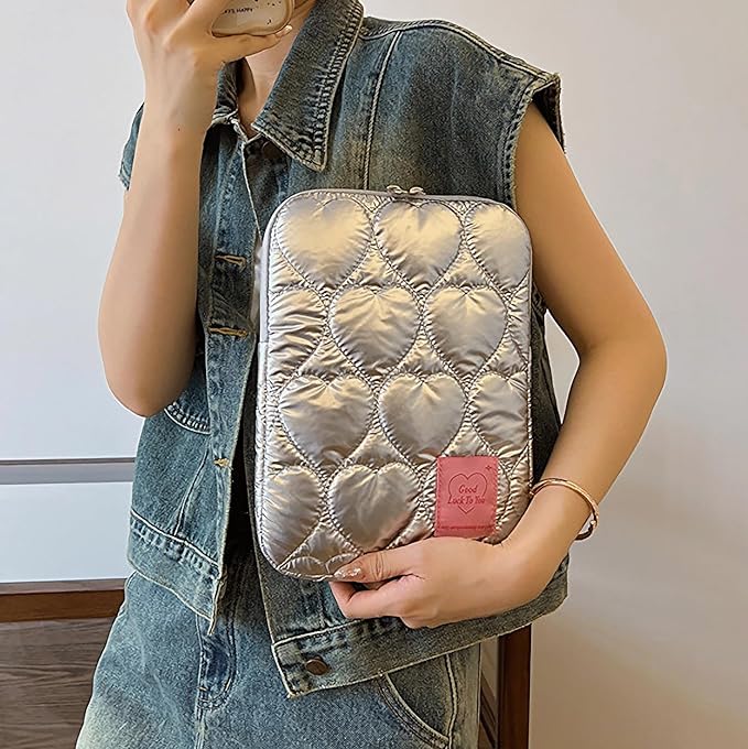 9-11 Inch Tablet Sleeve Case for iPad Pro 11 Air 4 10.2 Tab Protective Bag Cute Heart Quilted Puffy Laptop Pouch Carrying Case