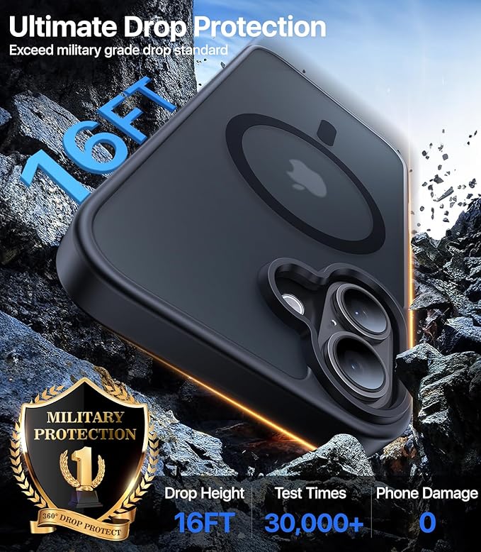 Magnetic for iPhone 16 Case, [Compatible with MagSafe][Military-Grade Drop Protection][Anti-Yellowing] Shockproof Protective Translucent Matte Cover for iPhone 16 Phone Case,Black