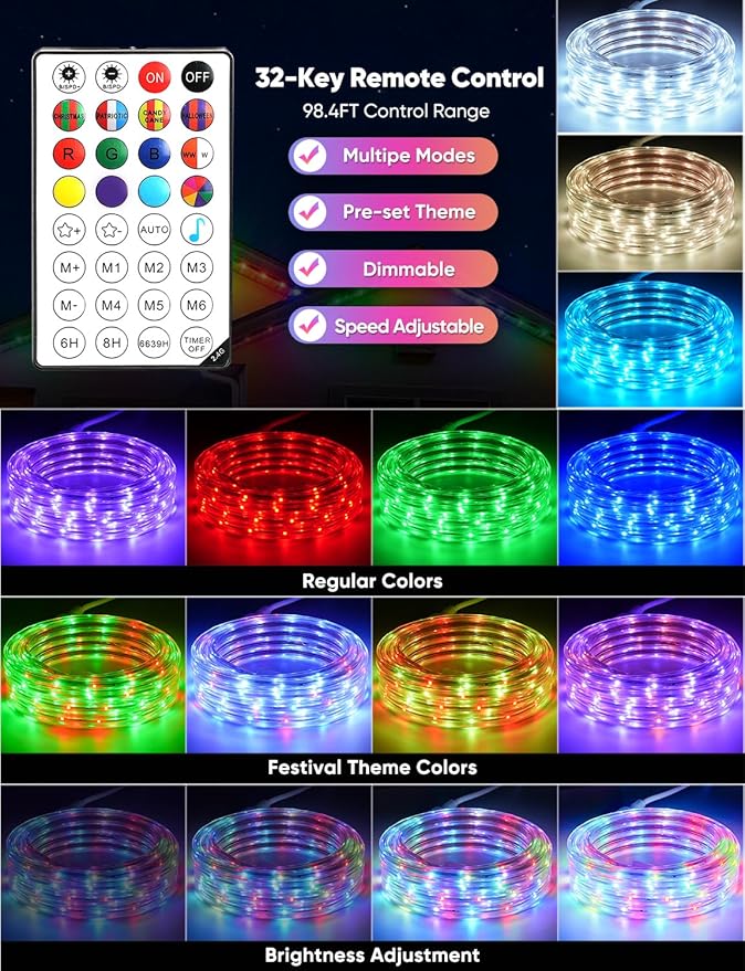 65FT Outdoor LED Strip Lights RGB+IC with Warm&Cool White, ETL Listed Music Sync Light Strip AC 120V, IP65 Waterproof and Connectable, for Party Festival Eave Porch Patio Every Day Decor
