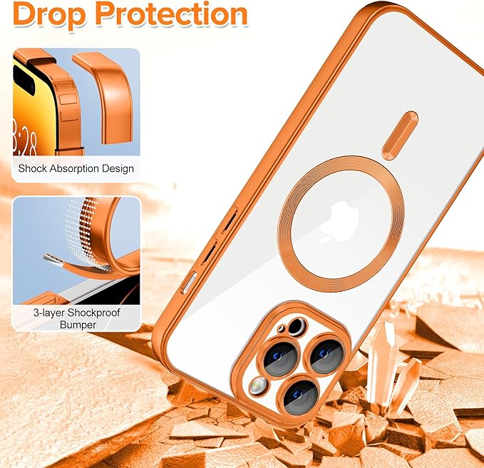 Hython Magnetic Clear for iPhone 14 Pro Case with Camera Lens Protector [Compatible with MagSafe] Luxury Plating Edge Slim Soft TPU Cover Protective Phone Case for iPhone 14 Pro 6.1", Matte Orange
