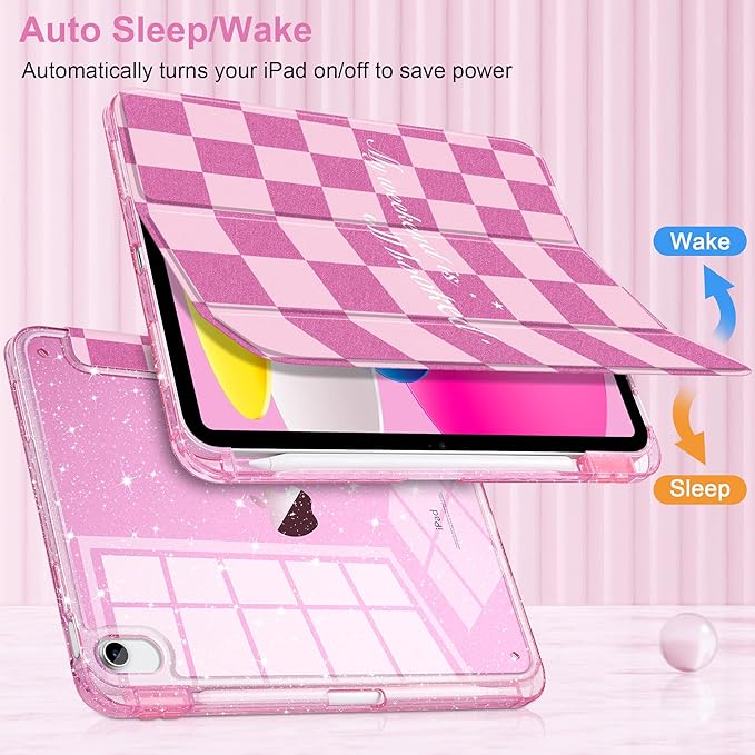 DONGKE for iPad Pro 11 inch Case – Fits M5 2025 / M4 2024, Shockproof Sparkling Glitter Acrylic Back, Pencil Holder, Trifold Stand, Auto Sleep/Wake & Touch ID Support - Pink Checkerboard