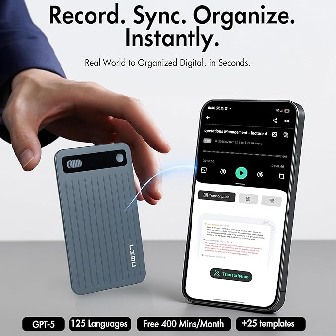 LIMU AI Voice Recorder, German Design AI Note Taking Device with GPT-5, Slim 64GB, 400 Min/Month Audio Recorder, Transcribe, Summarize, MindMap, 125 Language, AI Assist for Meetings, Calls, Lectures