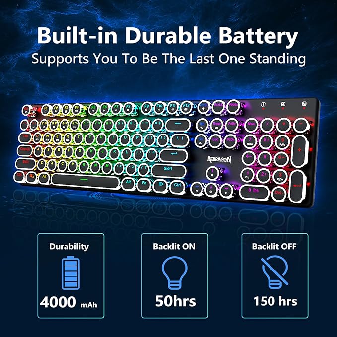 Redragon K710 Wireless Typewriter Style Mechanical Gaming Keyboard, Bluetooth/2.4Ghz/Wired, RGB Backlit, Rechargeable, Blue Switch - Clicky, Metal Panel, Round Keycaps, Black