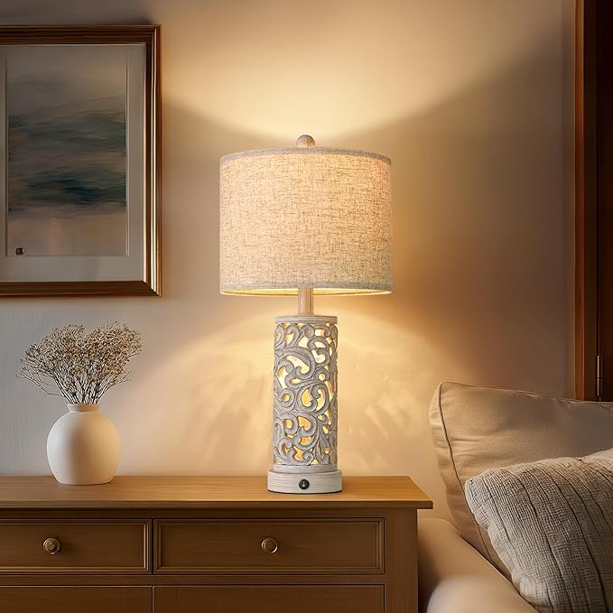 OYEARS 22'' Farmhouse Table Lamp for Living Room, Bedside Lamp with 2 USB Ports for Bedroom, Rustic Nightstand Lamp with Linen Lampshade for Office Hallway Home Decor, Distressed Grey (Bulb Included)