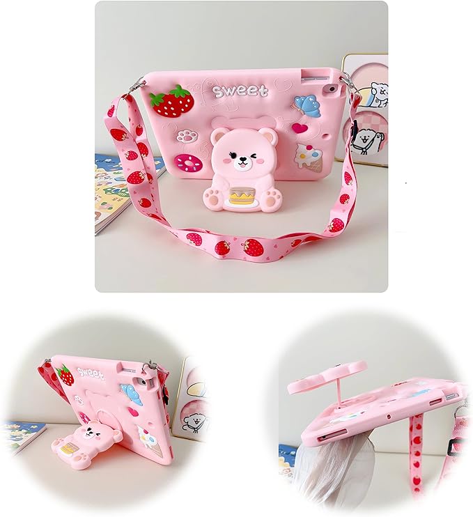 for iPad 9th/8th/7th Generation Case Kids - 10.2 inch Soft Silicone iPad Air 3rd Gen 10.5"(2019) Cover with Pencil Holder,Shoulder Strap & Stand for School,Cute Bear Gift for Teen Girls