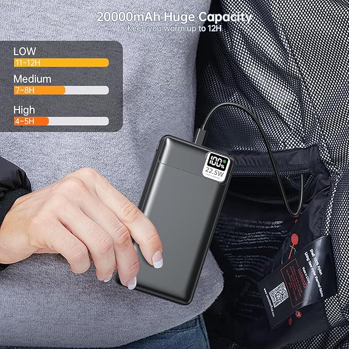 5V 2A 3A 20000mAh Battery Pack for Electric Heated Camping Chair, Stadium Seat Cushion, Vest, Jacket, Blanket - Digital LCD Screen PD20W Fast Charging Power Bank for iPhone, iPad and More