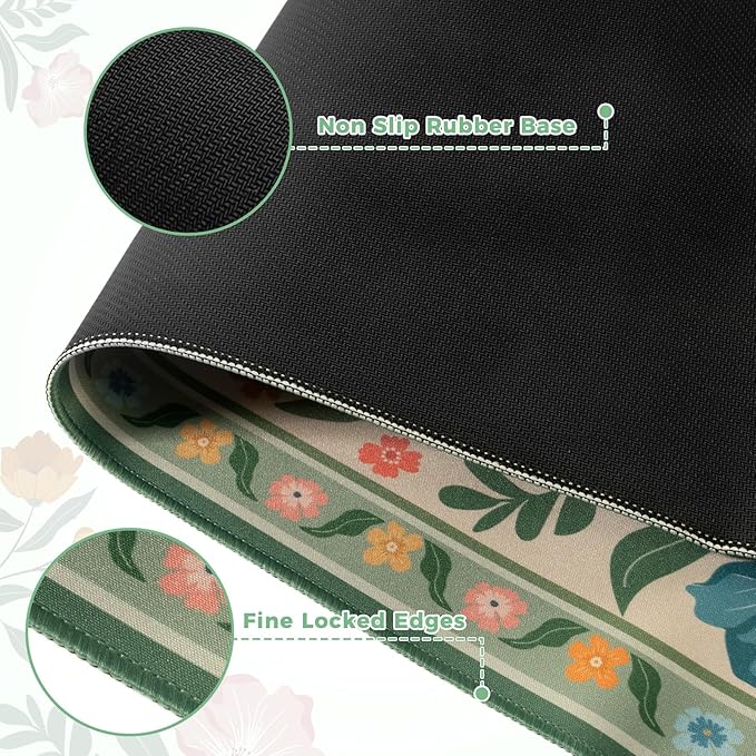 iLeadon Computer Desk Mat with Smooth Surface, Floral Stitched Edges XL Big Mosue Pad for Keyboard, Non Slip Green Extra Large Mouse Pad for Desktop, Office Desk mat for Women (Green)