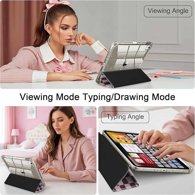 DONGKE for iPad Pro 11 inch Case – Fits M5 2025 / M4 2024, Shockproof Sparkling Glitter Acrylic Back, Pencil Holder, Trifold Stand, Auto Sleep/Wake & Touch ID Support - Brown Gingham
