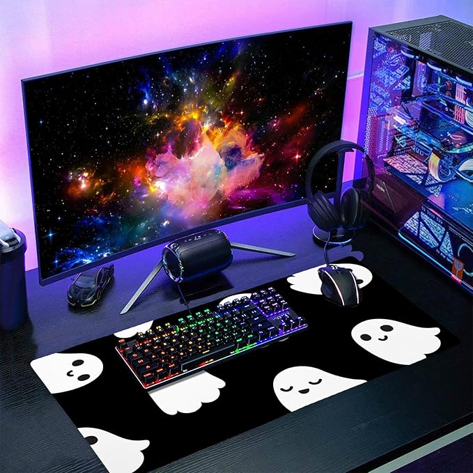 Halloween Cute Ghost Mouse Pad Large Kawaii Cartoon Spooky Funny Spirit Extended Desk Mat Non-Slip Rubber Base Stitched Edge Large XL Black White Mousepad for Desk Gaming Laptop Desktop,24x14 Inch