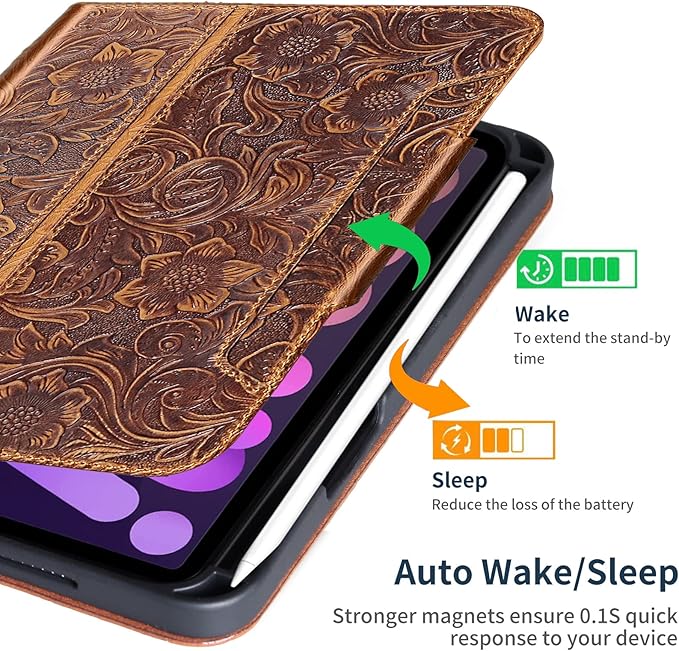 Gexmil Genuine Leather Case for iPad mini 7 (A17 Pro) 2024 / iPad mini 6 Generation 2021 8.3 Inch,Magnetic Closure,Pencil Holder,Shockproof Cowhide Cover,Pencil 2 Wireless Charging,Flower Brown