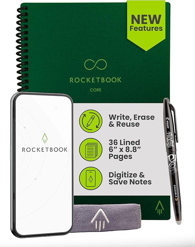 Rocketbook Core Reusable Smart Notebook, Lined Pages For School, Work and Creative Projects, Executive Size 6x8.8, Green - Premium