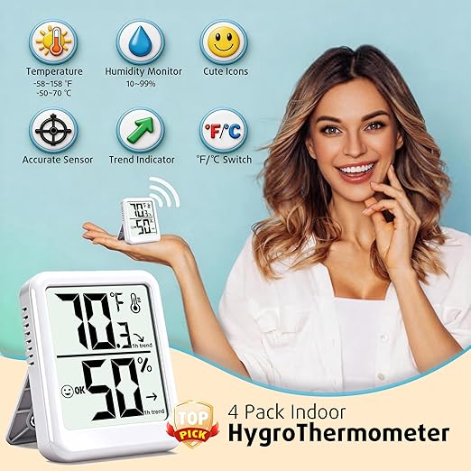 4-Pack Room Thermometer Indoor Hygrometer, Small Digital Temperature and Humidity Monitor Sensor, Temperature Humidity Gauge Meter for Home Baby Room, Plants, Pets - AAA Battery Included