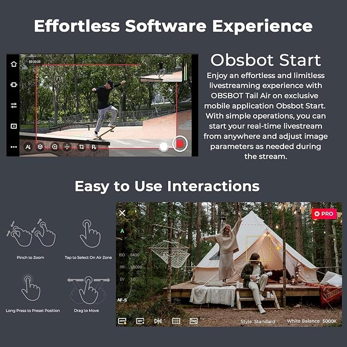 OBSBOT Tail AIR NDI Streaming PTZ Camera,Smart RC Controller,4K AI-Powered Webcam,1.8" CMOS,f/1.8 Aperture,AI Track,Gesture & Remote Control,Wired&Wireless Connection,LiveStream for Church/Music Live