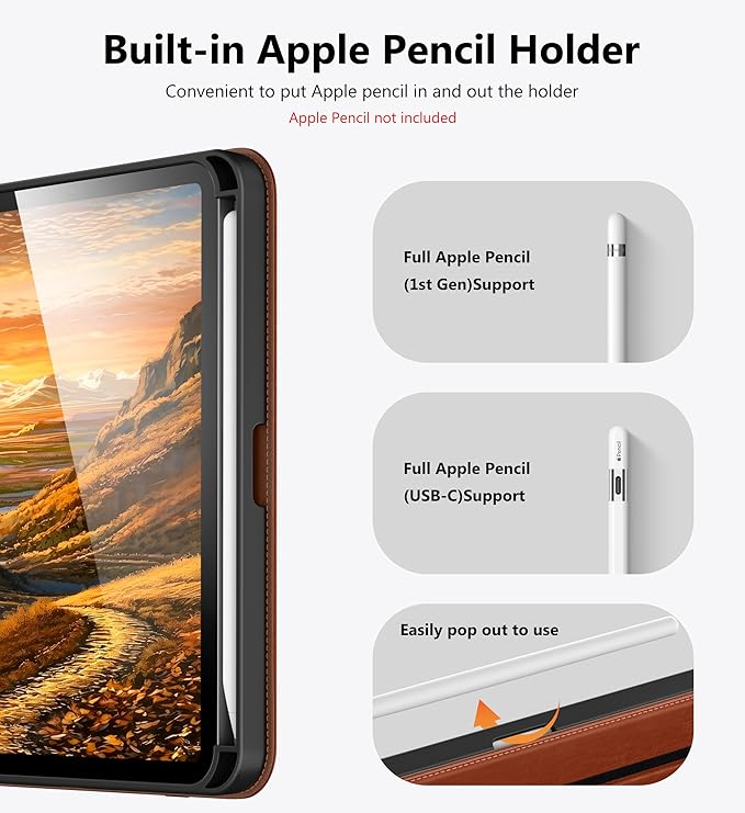 DTTO for iPad mini 7 (A17 Pro) Case, iPad mini 7th / 6th Generation Case (2024/2021), 360 Degree Rotating Premium Leather Folio Stand Cover with Pencil Holder, Brown