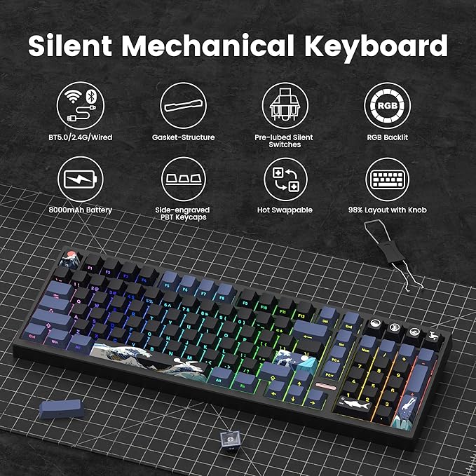 Womier Wireless Gaming Keyboard, Mechanical Keyboard, 98% Creamy Keyboard RGB Backlit with Number Pad and Volume Knob, BT5.0/2.4GHz/USB-C Mode, Hot Swappable Custom Keyboard with Linear Switches