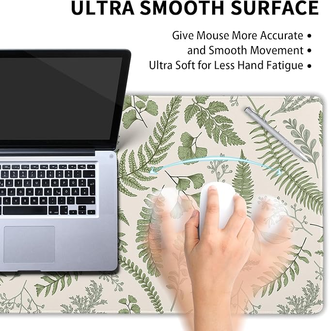 White Green Plant Flowers Mouse Pad XXL Tropical Fern Botanical Leaves Extended Desk Mat 90X40cm Non-Slip Rubber Base Stitched Edge Large Mousepad for Gaming Laptop Computer Desktop 35.4×15.7 Inch