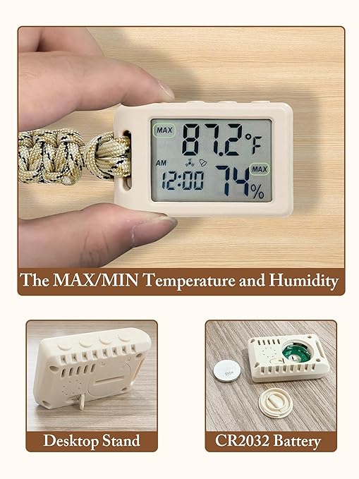Mini Humidity Meter Indoor Outdoor Hygrometer Thermometer Portable Room Temperature Monitor with Small Digital Clock, Thermometer and Humidity Gauge for Camping Cellar Closet Home