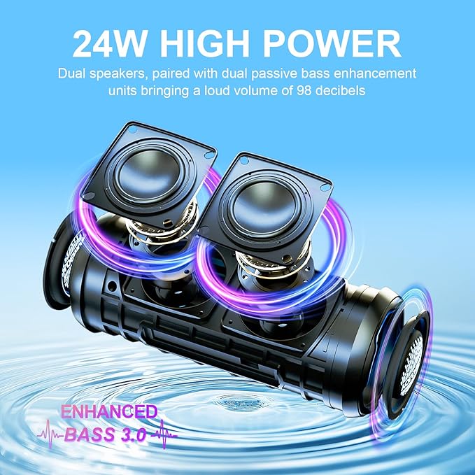 Portable Bluetooth Speaker, 24W Loud Deep Bass, IPX7 Waterproof, TWS Pairing, 12H Playtime, RGB Lights, Outdoor Bluetooth Speakers for Camping, Biking, Party (Black)