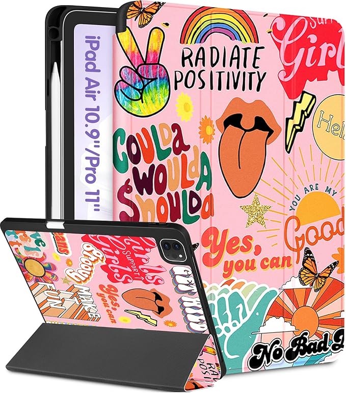 Uppuppy for iPad Air 11 inch Case, Air 5th/4th Generation 10.9, Pro 11'' (4th/3rd/2nd/1st Gen) Case Girls Cute Women Pencil Holder Quote Design Girly Folio Cover for iPad Air 11 2024/2025 (M2/M3)