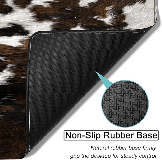 Large Gaming Mouse Pad, 31.5x11.8 in Extended Computer Mouse Mat with Non-Slip PU Base, Ergonomic Memory Foam Keyboard Wrist Rest, for Work & Gaming, Brown and White Cow Hair Office Desk Pad