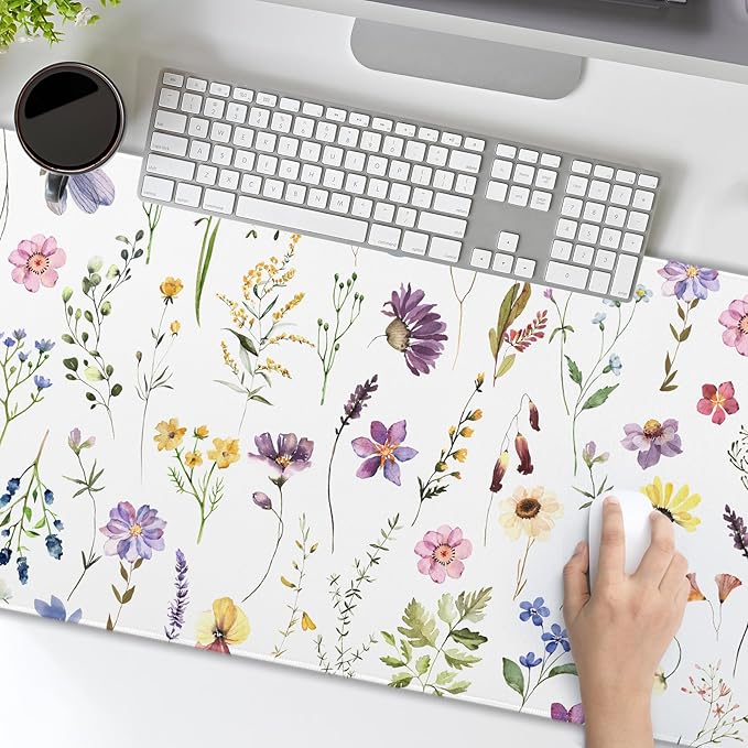 Pretty Flowers Mouse Pad XL Cute Floral Chic Plant Spring Summer Extended Table Mat 80X30cm Non-Slip Rubber Base Stitched Edge Large Mousepad for Desk Gaming Laptop Desk Top,31.5×11.8 Inch