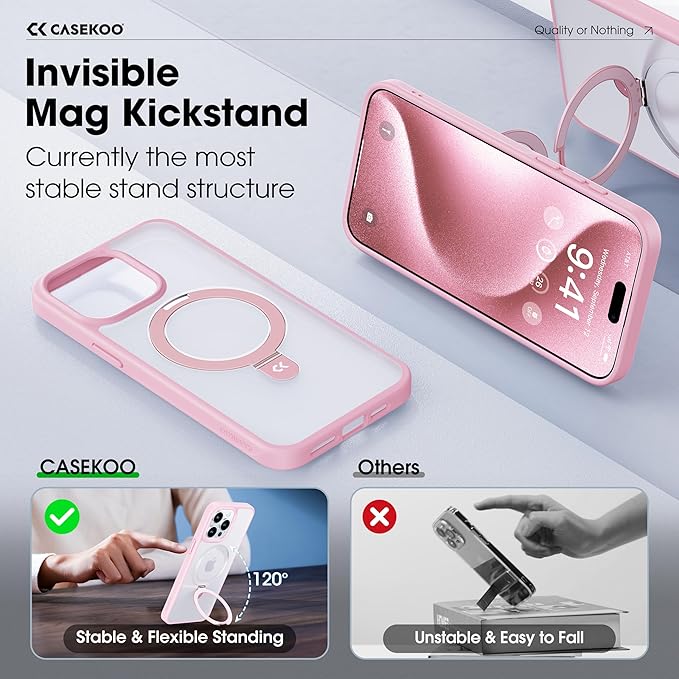 CASEKOO for iPhone 15 Pro Case with Magnetic Invisible Stand [Military Drop Protection] [Compatible with MagSafe] Shockproof Slim Translucent Matte Case 6.1 Inch, Pink, for Man/Woman