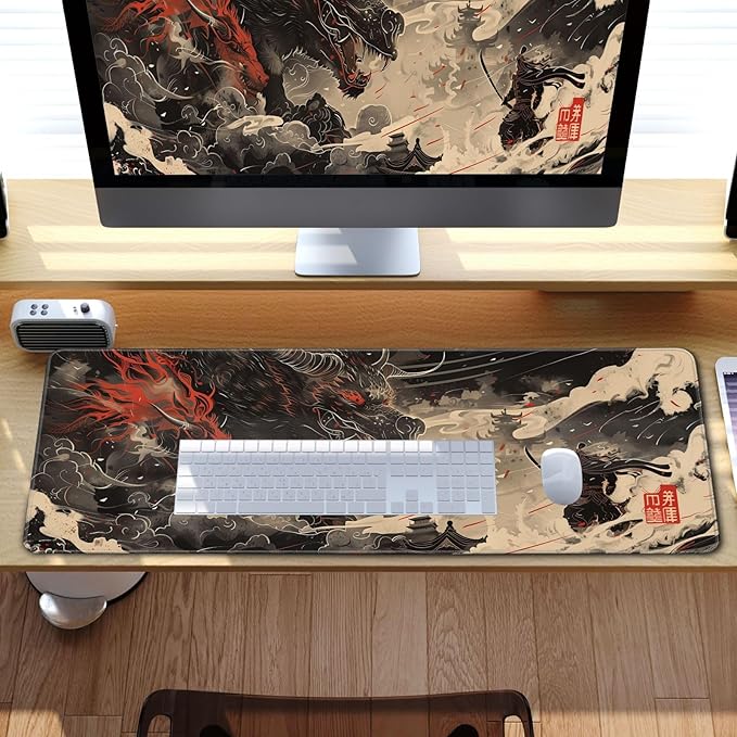 Huge Demon Large Mouse Pad Japanese Ukiyo-e Mousepad Samurai Desk Mat, Big Full Keyboard and Mouse Pad Cool Desk Pad for Keyboard Mouse with Stitched Edges Anti-Slip Funny Desk Pad, 31.5 X 11.8