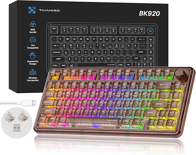 Transparent Mechanical Keyboard, 80-Key RGB Backlit Wireless Gaming Keyboards, Hot Swap Customizable Clear Acrylic Design, Quiet Linear Switches, 3 Modes BT5.0/2.4G/USB-C 4000mAh Battery (Brown)