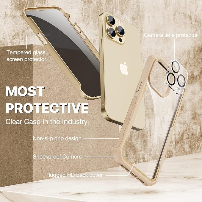 CENHUFO Privacy for iPhone 14 Pro Case, Full Body Phone Case with Built-in 9H Tempered Glass Privacy Screen Protector and Camera Lens Protector, Anti Peep Spy Shockproof Bumper Clear Cover - Beige