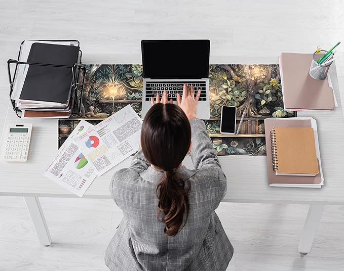 Kawaii Green Tree Desk Mat Cute Mouse Pad Anime Forest Library Book Mousepad XL Large Extended Gaming Desk Matt for Desktop, Keyboard and Mouse Mat for Women Office Decor Accessories 31.5x11.8 in