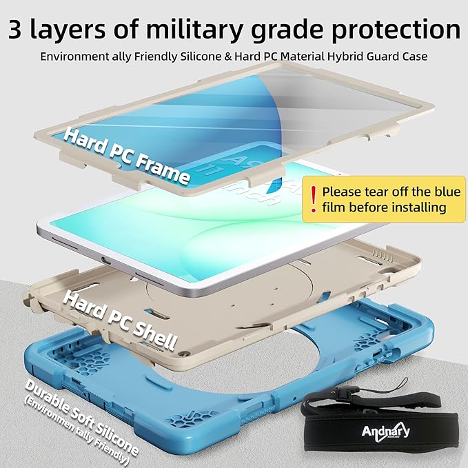 Andnary Case for Samsung Galaxy Tab A11+ Plus/A9+ 11 Inch 2025/2023, Tablet Case for Samsung Galaxy A9 Plus/A11+ with Screen Protector/360° Rotating Stand/Pen Holder/Shoulder Strap (Blue)