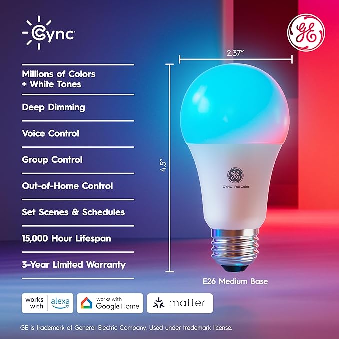 Cync Direct Connect A21 Smart LED Light Bulb, Color Changing Smart Lights, Matter Compatible, Compatible with Alexa and Google Home (4 Pack)