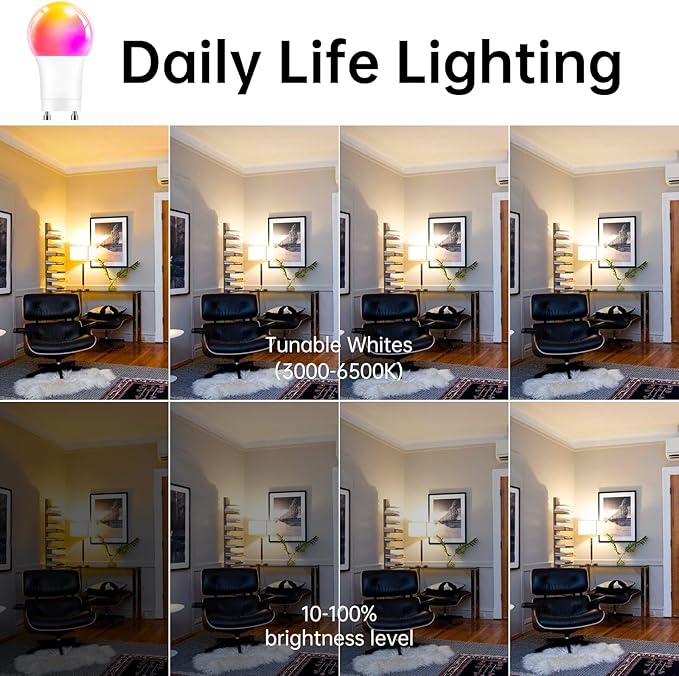 GU24 Smart Led Light Bulbs，4 Pack，A19 12W 1200LM Smart Bluetooth 2 Prong Led Light bulb，Dimmable Music Sync RGBCW Color Changing LED Bulb，2700K-6500K Dimmable ，APP Control(Not Support Alexa)