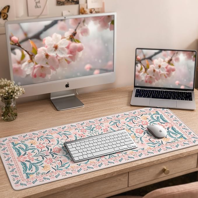 iCasso Aesthetic Floral Desk Mat, L Mouse Pads, Anti-Slip Mousepad with Stitched Edges, Waterproof Computer Pad 11.8"x31.5", Desk Accessories Office Decor for Women(Pink Floral)