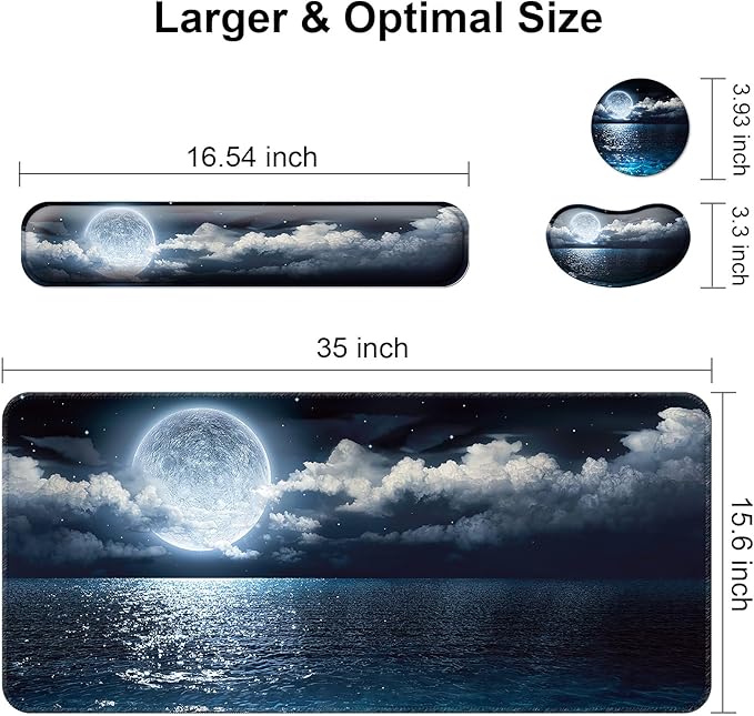 Keyboard Wrist Rest + Mouse Pad with Wrist Support + Desk Mat + Coaster 4 in 1 Set, XXL Large Gaming Mousepad Cute Ergonomic Mouse Pads for Desk Computer Laptop Office Decor-Moon Ocean