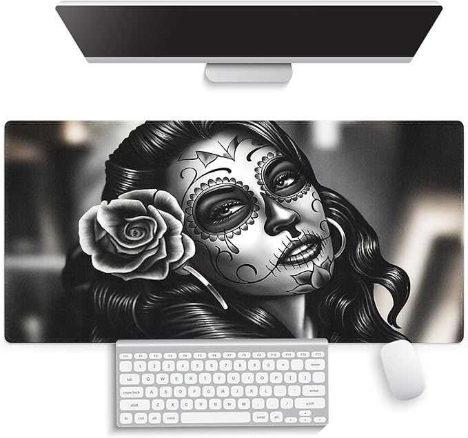 Large Gaming Mouse Pad (31.5" x 15.8") - Monochrome Sugar Skull Portrait with Rose Black Gray Day of The Dead Gift, Extra XXL Extended Office Accessories, Premium Stitched Anti-Slip Desk Mat