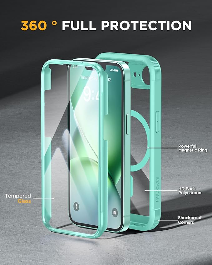 Miracase for iPhone 17e Case & iPhone 16e Case, Full-Body Phone with Built-in Glass Screen Protector, [Magnetic with MagSafe] Military Drop Proof 17 E/ 16 E Cover Bumper 6.1 inch, Mint Green