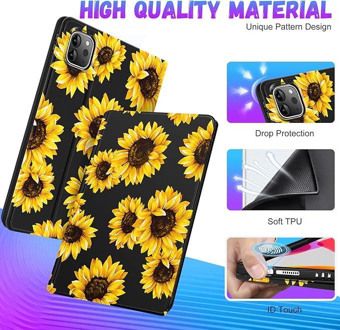 Uppuppy for iPad Air 13 Inch M2/M3, Pro 12.9 Case - Cute Women Girl Girly Aesthetic Sunflower Pencil Holder Folio Cover for Apple 12.9 inch for iPad Pro Case 6th/5th/4th/3rd Generation Air 13