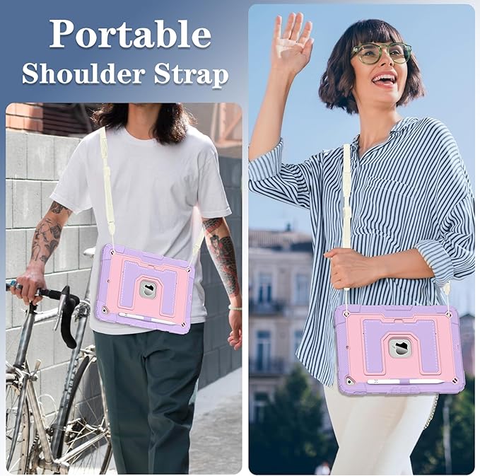 Kids Friendly Case for Apple iPad 10.2" 9th 8th 7th Generation 2021/2020/2019 Case with Pencil Holder & Shoulder Strap, Military Grade Shockproof Kickstand Hard Shell Protective Cover,Pink+Purple