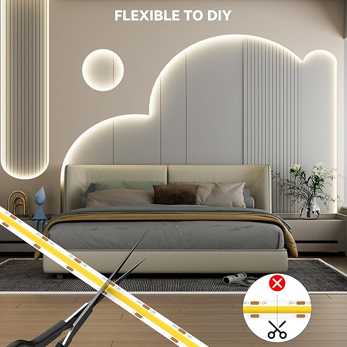 PAUTIX COB LED Strip Lights 48ft/15m Super Bright,504 LEDs/m Natural White 4000K CRI90+ Flexible LED Tape 24V for Cabinet Home DIY Lighting Projects with 2pcs COB Connector(Power Supply Not Included)