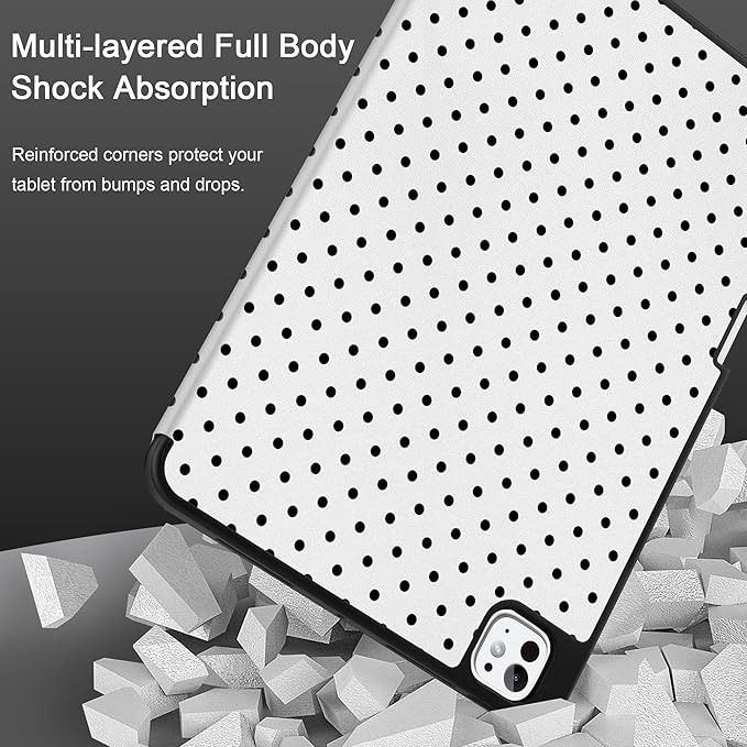 MEEgoodo Case for M5 iPad Pro 11 inch 2025/M4 iPad Pro 11 inch Case 2024, Tablet Cover with Trifold Stand & Pencil Holder & Auto Wake/Sleep & Soft TPU Back Cover, Black Polka Dot
