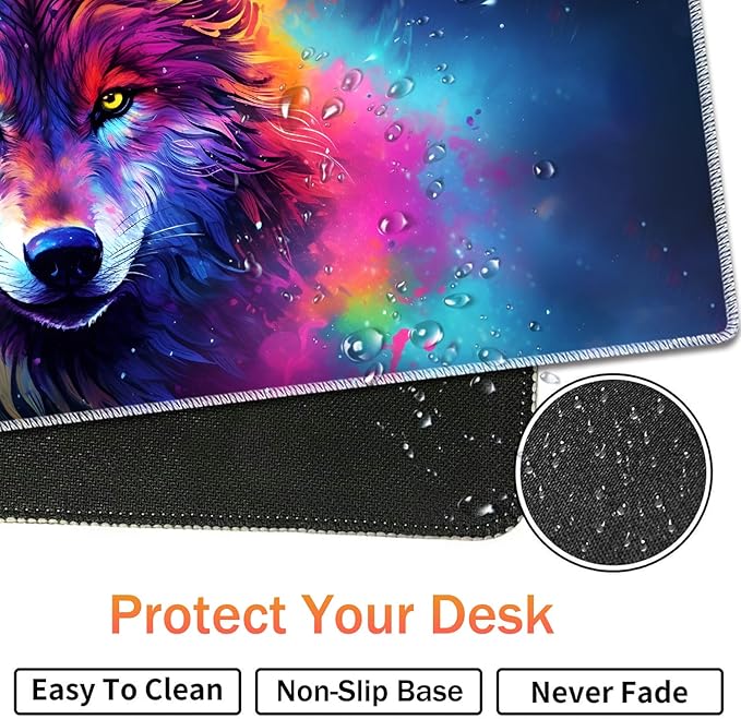 Extended Non-Slip Mouse Pad + Mouse Wrist Rest + Lace-Shaped Coaster Set, Ergonomic Design, Suitable for Desk and Home Gaming Table Mat, Colorful Space Wolf
