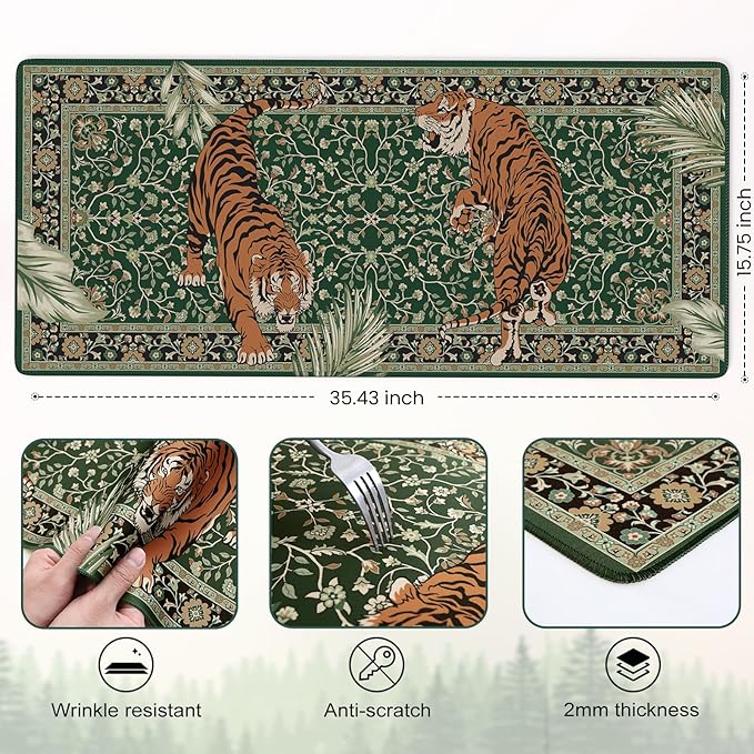 Desk Pad Mat, Stitched Edges Cute Desk Mat, Non-Slip Tiger Desk Mat Gaming, Smooth Green Mouse Pad, Soft Desk Cushion for Office Home 35.4 x 15.7 Inches (Green)