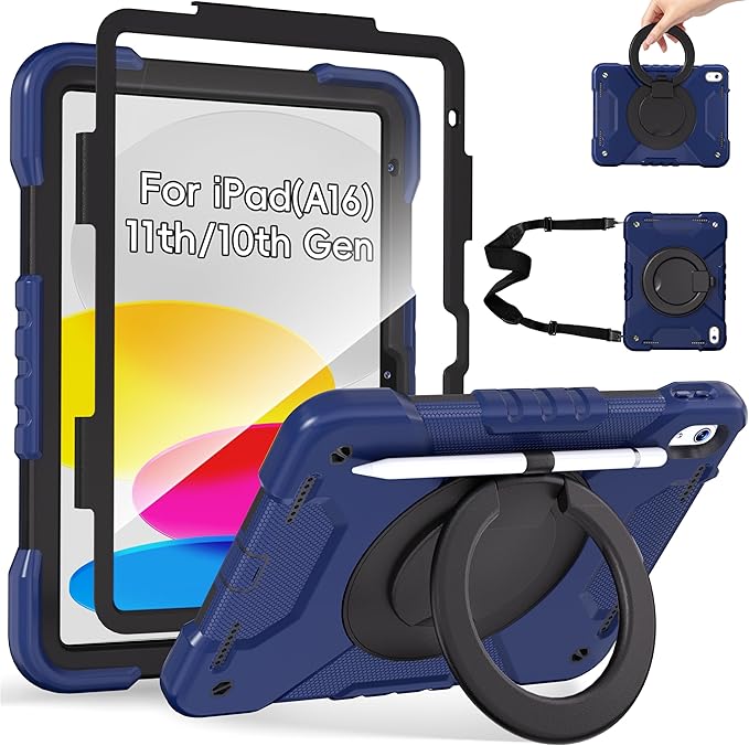 Andnary Case for iPad (A16) 11th Generation 11 inch 2025/10th Generation 10.9 inch 2022, Shockproof Cover with Screen Protector/360° Rotate Handle/Bracket/Pen Holder/Shoulder Strap (Navy+Black)