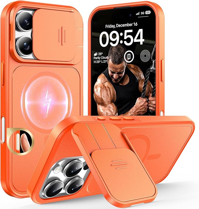 TOCOL for iPhone 16 Pro Case with Slide Camera Cover, Kickstand and Camera Control Button, Fit for MagSafe, Rugged Solid Phone Case, Non-Slip, Drop Protection, Orange